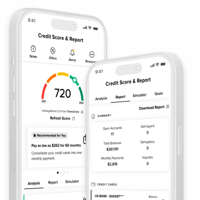 A picture of two phones showing a credit score and report that can be found through the mobile banking app. It shows a credit score, amount of open accounts, total balances, monthly payments, and more