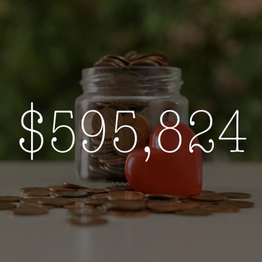 Donations and Sponsorships An image of a jar of coins and a red hear that has the number $595,824 pasted on the front