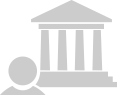 Grey icon of a bank and person standing in front of it